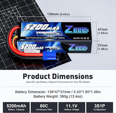 Zeee 3S Lipo Battery 11.1V 80C 5200mAh RC Battery Hard case with EC5 Plug for RC Car Boat Truck Helicopter Airplane Racing Models(2 Packs)