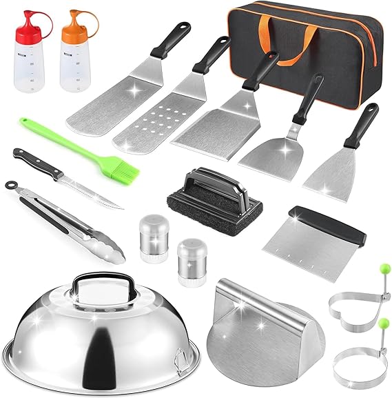 zycBernoi Griddle Accessories Kit, 19 PCS Flat Top Grill Accessories for Blackstone Camp Chef, Metal Spatula Set with Burger Press,Basting Cover,Melting Dome,Tongs,Carry Bag for Outdoor Grilling BBQ
