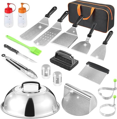 zycBernoi Griddle Accessories Kit, 19 PCS Flat Top Grill Accessories for Blackstone Camp Chef, Metal Spatula Set with Burger Press,Basting Cover,Melting Dome,Tongs,Carry Bag for Outdoor Grilling BBQ