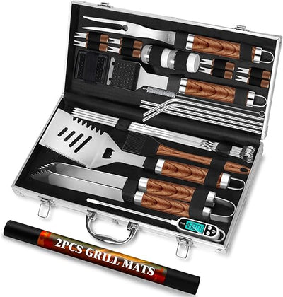 ROMANTICIST 29pcs BBQ Grill Tool Set for Men Dad, Heavy Duty Stainless Steel Grill Utensils Set, Non-Slip Grilling Accessories Kit with Thermometer, Mats in Aluminum Case for Travel, Outdoor Brown