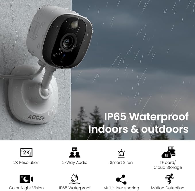 AOQEE Outdoor Security Camera - 2K CCTV Camera Systems IP65 Waterproof, Home/House WiFi Indoor for Pet Dog Baby, Human Detection, 24/7 Storage Colour Night Vision Smart Siren Work with Alexa C1