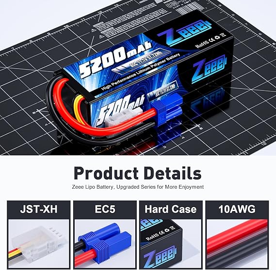 Zeee 3S Lipo Battery 11.1V 80C 5200mAh RC Battery Hard case with EC5 Plug for RC Car Boat Truck Helicopter Airplane Racing Models(2 Packs)