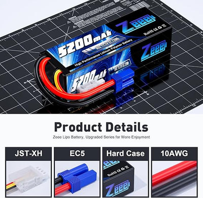 Zeee 3S Lipo Battery 11.1V 80C 5200mAh RC Battery Hard case with EC5 Plug for RC Car Boat Truck Helicopter Airplane Racing Models(2 Packs)