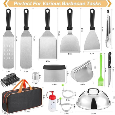 zycBernoi Griddle Accessories Kit, 19 PCS Flat Top Grill Accessories for Blackstone Camp Chef, Metal Spatula Set with Burger Press,Basting Cover,Melting Dome,Tongs,Carry Bag for Outdoor Grilling BBQ