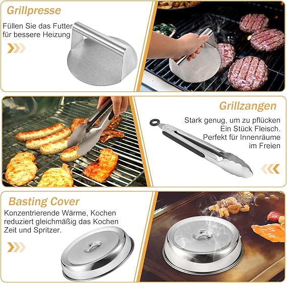 zycBernoi Griddle Accessories Kit, 19 PCS Flat Top Grill Accessories for Blackstone Camp Chef, Metal Spatula Set with Burger Press,Basting Cover,Melting Dome,Tongs,Carry Bag for Outdoor Grilling BBQ