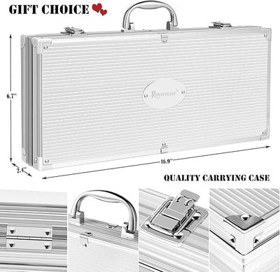 ROMANTICIST 29pcs BBQ Grill Tool Set for Men Dad, Heavy Duty Stainless Steel Grill Utensils Set, Non-Slip Grilling Accessories Kit with Thermometer, Mats in Aluminum Case for Travel, Outdoor Brown