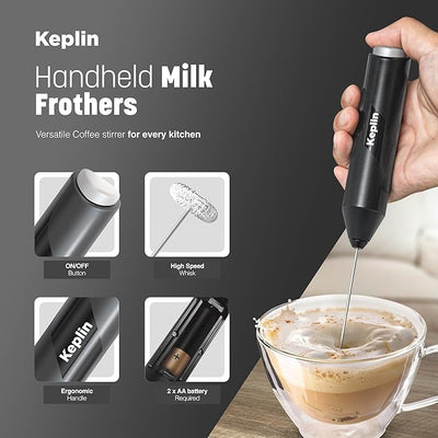 Keplin Handheld Milk Frother - Stainless Steel Electric Whisk - Portable Battery-Operated