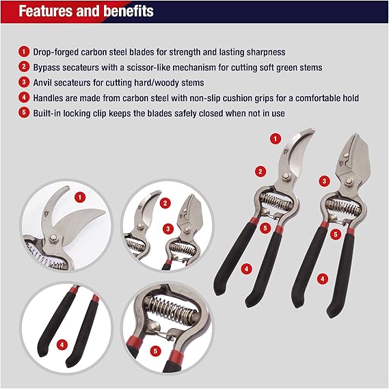 Spear & Jackson CUTTINGSET8 Traditional Bypass and Anvil Secateurs Set, Black