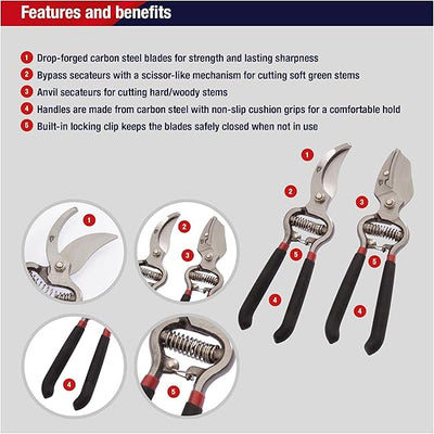 Spear & Jackson CUTTINGSET8 Traditional Bypass and Anvil Secateurs Set, Black