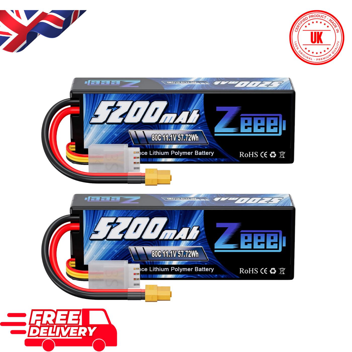 Zeee 3S Lipo Battery 11.1V 80C 5200mAh RC Battery Hard case with EC5 Plug for RC Car Boat Truck Helicopter Airplane Racing Models(2 Packs)