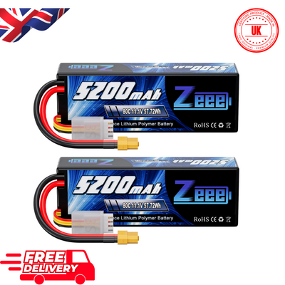 Zeee 3S Lipo Battery 11.1V 80C 5200mAh RC Battery Hard case with EC5 Plug for RC Car Boat Truck Helicopter Airplane Racing Models(2 Packs)